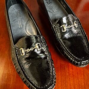 SAS Black Patent Leather Loafers with silver buckle sz 11